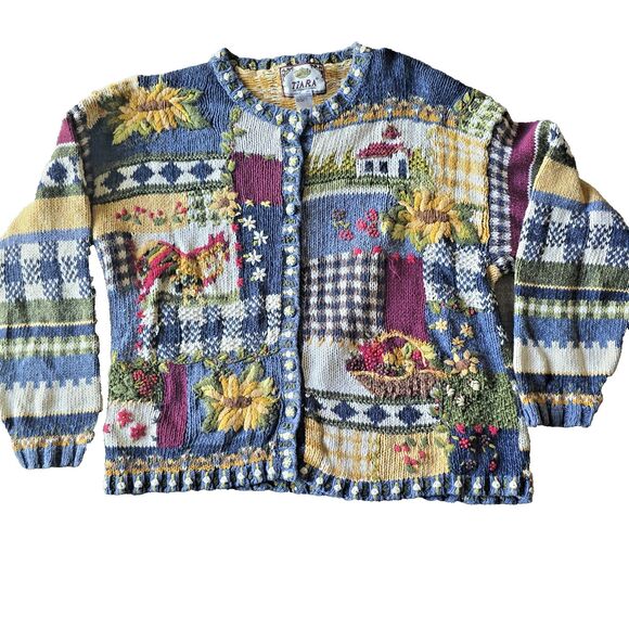 tiara international Sweaters - Vintage Tiara Harvest Sweater Patchwork XL Y2K Cottage Granny Core Chunky Knit